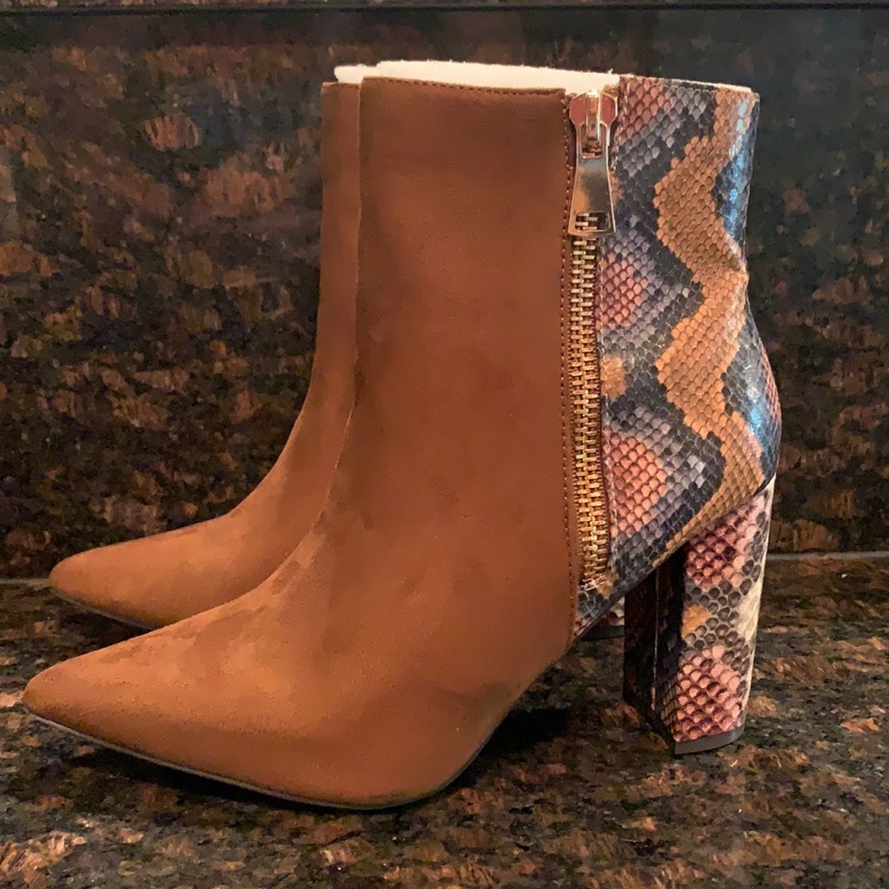 Faux suede and snake skin bootie